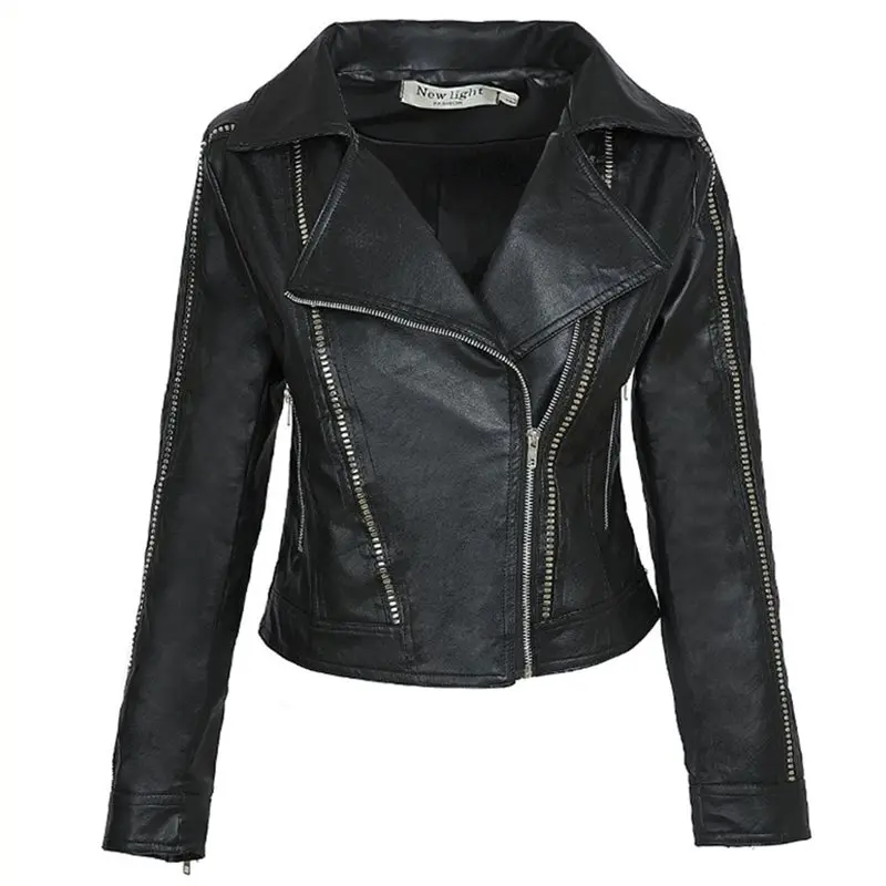 2019 New Trendy Women Autumn Winter Black Faux Leather Jackets Zipper Basic Coat Turn-down Collar Pilot Motorcycle Outerwear | Женская