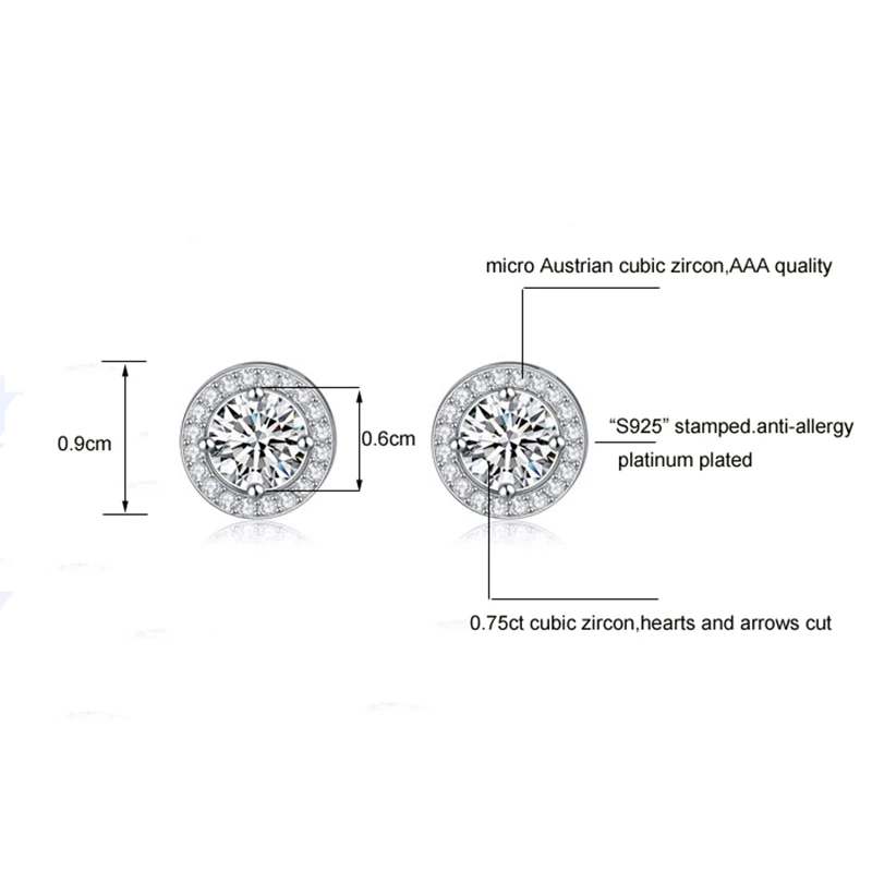Ювелирные изделия: серебряные серьги-«гвоздики» OE104 с платиновым покрытием(0,75 карат), гранёнными кристаллами циркония