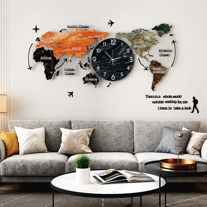 Color Paiting Acrylic Large Wall Clock Creative World Map Wall Hanging Clock Silent Wall Watch