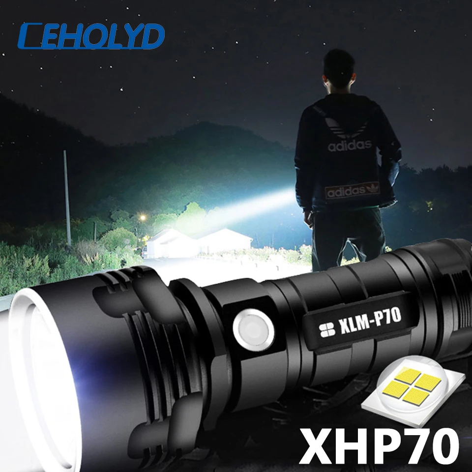 

XHP70 Super Powerful LED Flashlight L2 Tactical Torch USB Rechargeable Linterna Waterproof Lamp Ultra Bright Lantern Camping