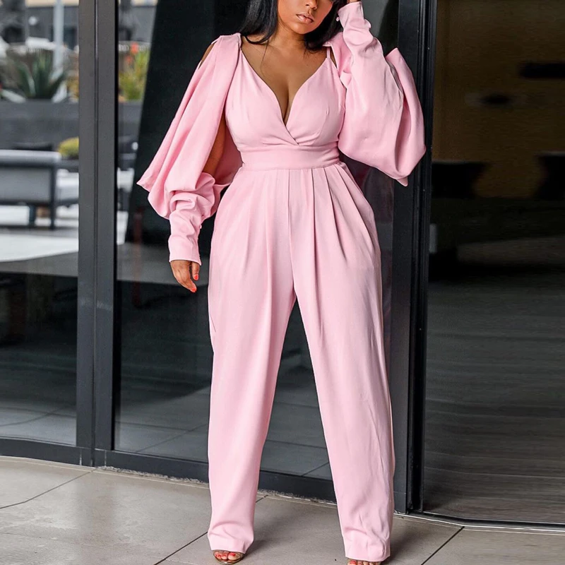 Women Elegant Long Sleeve V Neck Jumpsuit OL Classy Workwear Streetwear High Waist Long Overalls Jumpsuits - Color: Pink