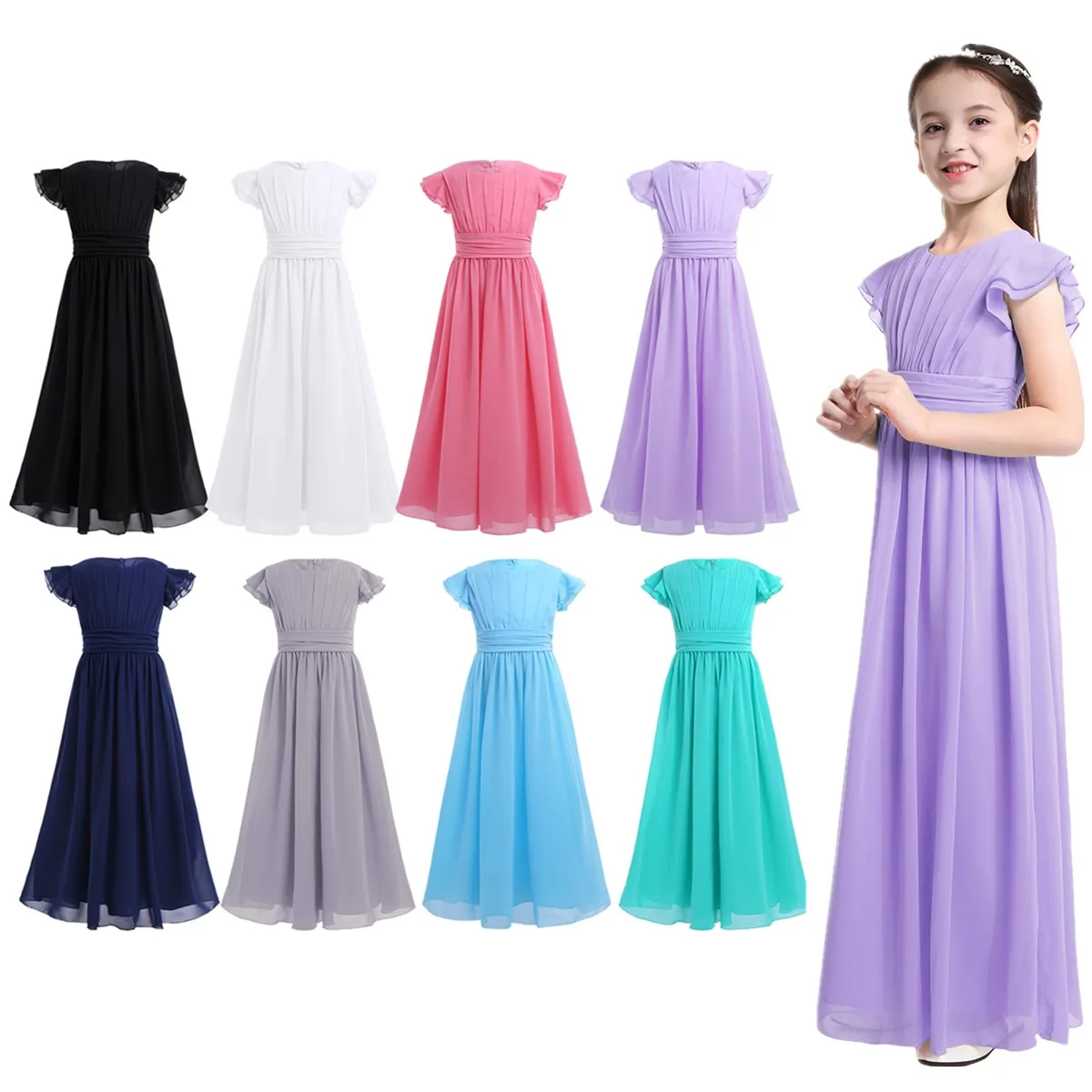 Vestidos de dama de honor Junior, mangas acampanadas, plisado, gasa ...
