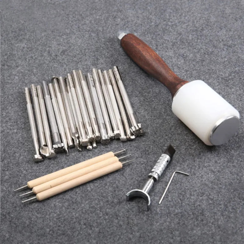 Leather Staming Set Leather Craft Carving Tools for Leather Printing Cutting Knife/Hammer/Leather Swivel Knife/Tool Storage Box