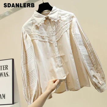 

Spring Blouse Woman Lace Pleated Puff Sleeves Single Breasted White Shirts Ladies Retro Loose-Fit Apricot Blouses Tops Blusas