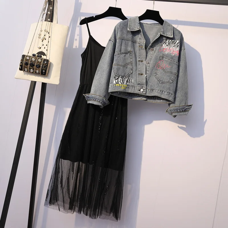 

2020 Spring New Style Large Size Dress Large GIRL'S Fashion Slimming Jeans Coat + Camisole Mesh Skirt Two-Piece Set