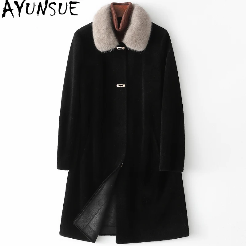 

AYUNSUE 100% Mink Fur Collar Coat Female Winter 2021 Sheep Shearling Coats Women Real Wool Jacket Elegant Casaco Feminino Gxy198