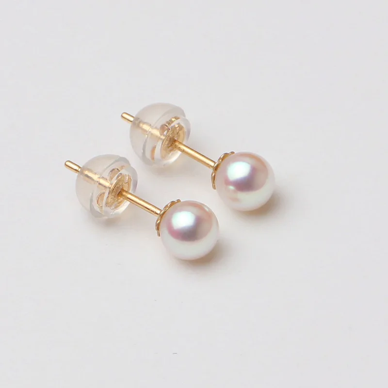 

Genuine Product Small Bulb Mirror White to Pink Perfect Circle Akoya Natural Sea Pearls Ear Stud 18K Gold