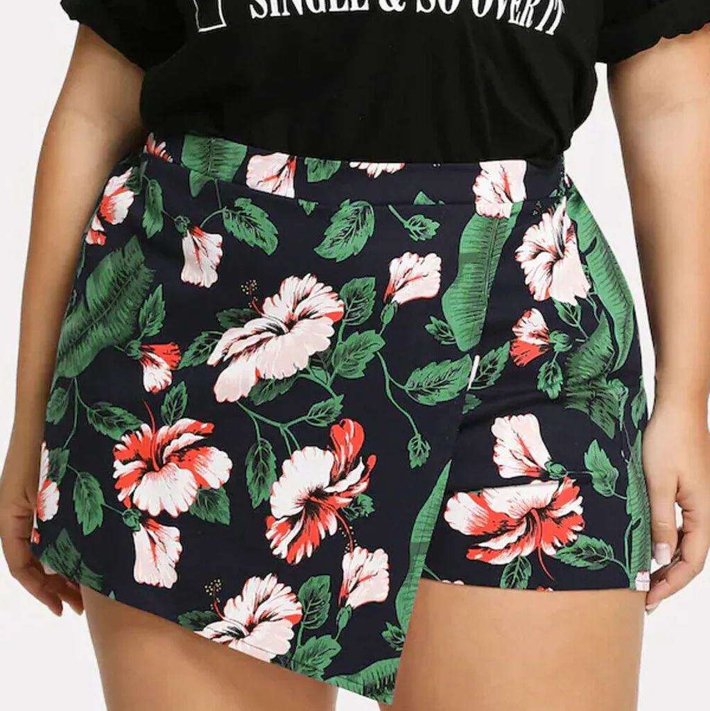 Plus Size Women Floral Hot Pants Summer Shorts High Waist Beach Sports Pants Flowers Pattern Short Pants Beach Party england style vintage leather high waist pu mom shorts women casual bermuda loose short feminino plus size women short sex pants