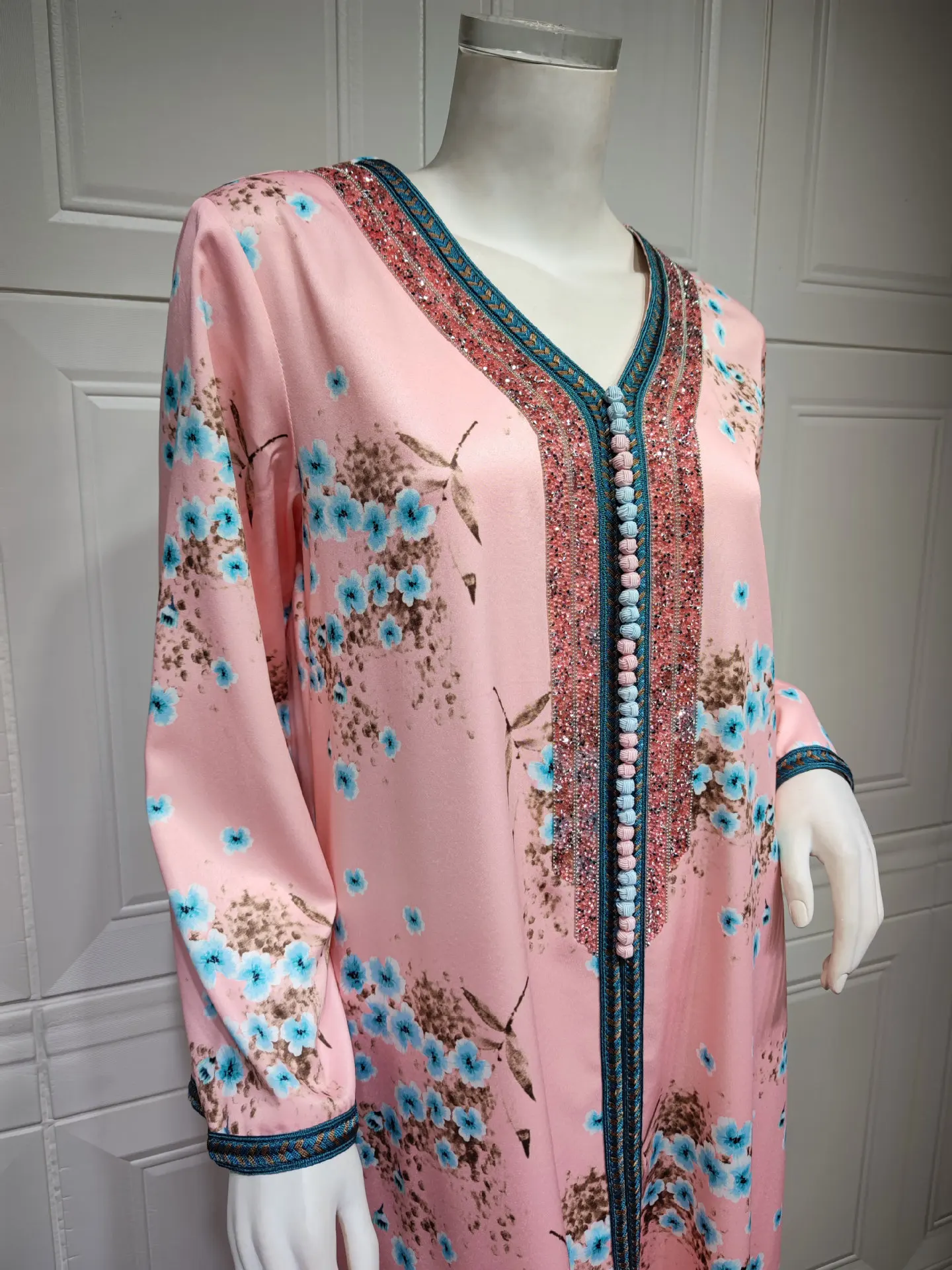 Floral Print Long Dress Ethnic Diamond Ribbon V Neck Moroccan Dress Caftan Autumn 2022 Women Clothing Bangladesh