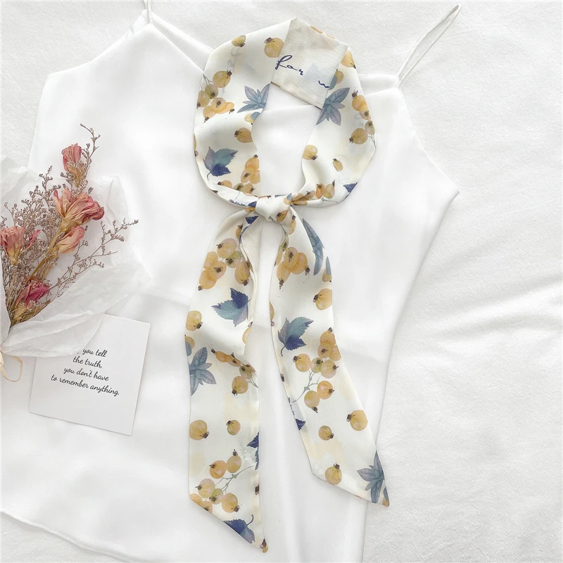 Print Skinny Ribbon Scarf for Women Hair Tie Bag Bandana Headband Silk Satin Accessories Girl Fashion Belt Wrist Neckerchief New pearl hair clip