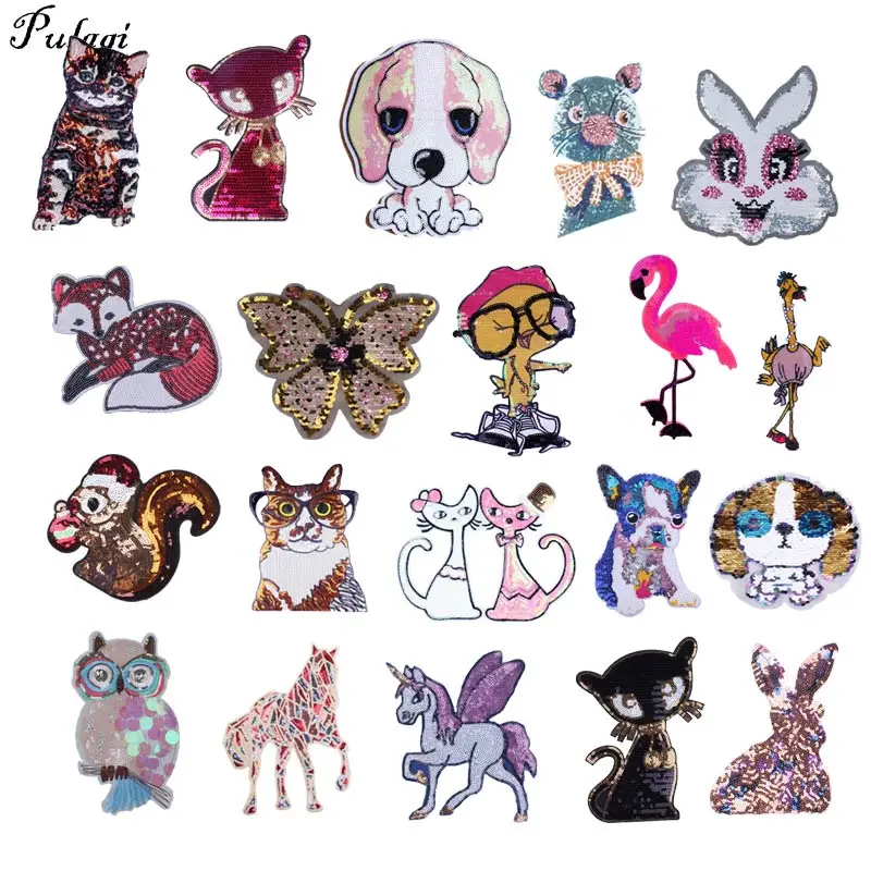 Pulaqi Cat Patch Rabbt Sequin Patch Sew On Patches For Clothing DIY NON Reversible Sequins