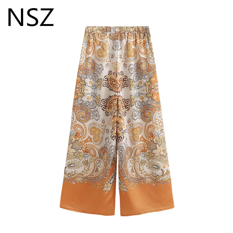

NSZ Women Print Wide Leg Pants Elastic Waist Loose Casual Pants Trousers