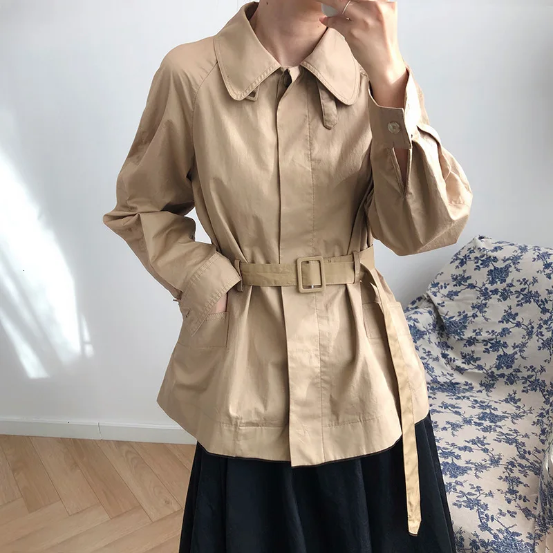 Korean Khaki Women's Windbreaker Lapel Collar Long Sleeve High Waist Sashes Loose Casual Jackets Female Fashion L716