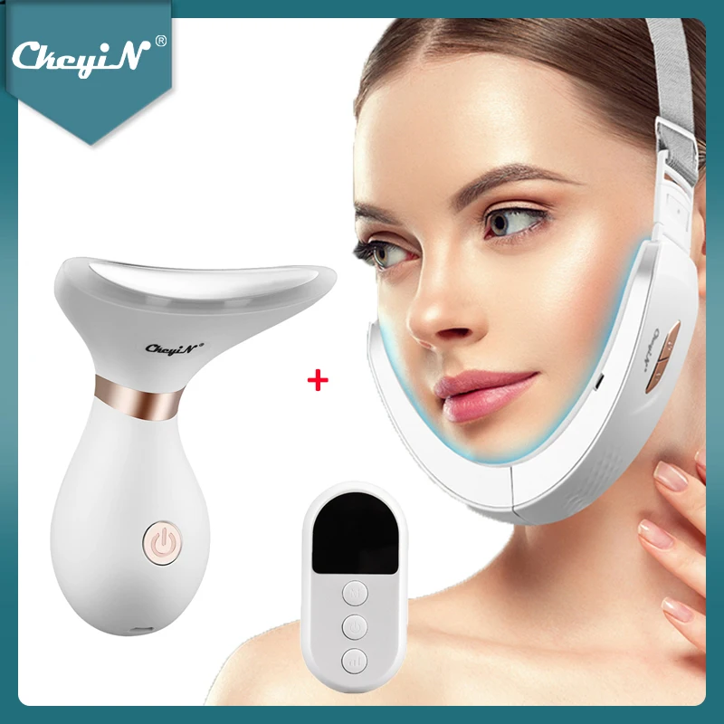 

CkeyiN EMS V Face Simming Belt Chin Cheek Lifting Massager LED Photon Wrinkle Remover Anti Age Double Chin Removal Neck Slimmer