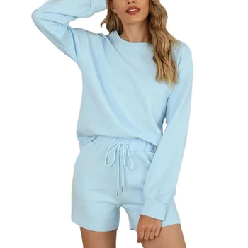 

Women Pajamas Two-piece Set Pure Cotton Solid Color Home Wear with Pockets Long Sleeve Top + Shorts Nightwear