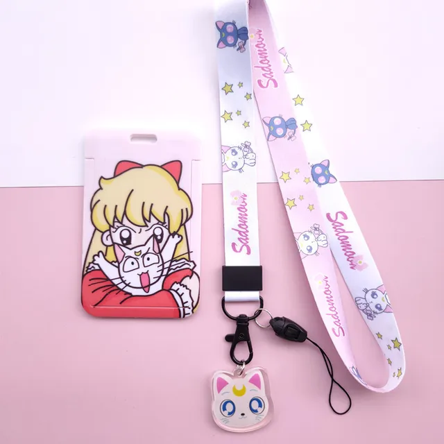 Anime Kawaii Cartoon Moon Cat Lanyard Wristband Credit Card ID Holder Bus Pass Staff Name Tag Badge Holders for Girls J