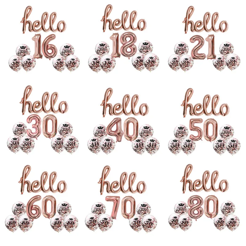 

9Pcs Hello Balloons Set Number Balloons Figure Confetti Latex Balloon Hello 16 18 30 50 60 70 Birthday Party Decorations Adult