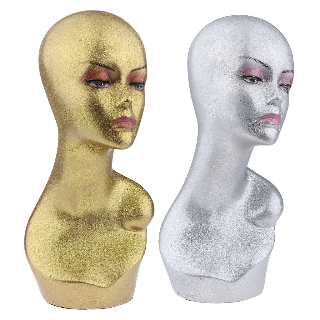 2Pieces Female Mannequin Head Model Wig Hat Cap Sunglass Display Manikin Metallic - Gold and Silver