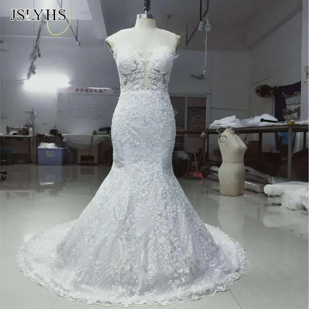 

JSLYHS high quality wedding dress mermaid slim round neck color net wedding gown luxury lace bridal gown Robe de mariée