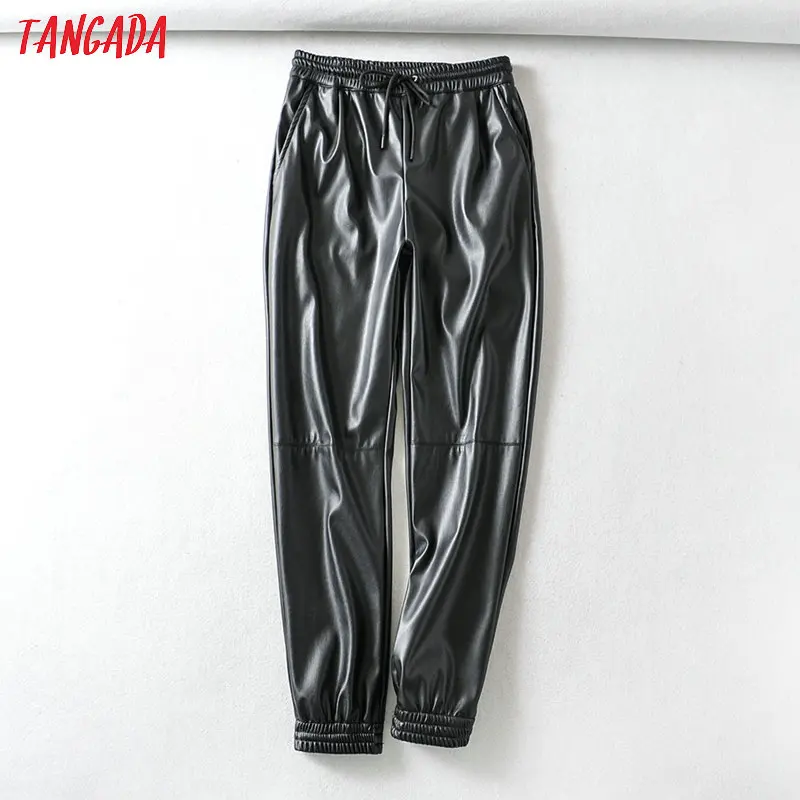 Tanie Tangada kobiety patchwork czarne spodnie ze skóry pu strethy talia kobiece spodnie w stylu boyfriend spodnie ze sztucznej skóry 6A107