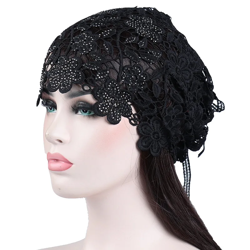 Spring Summer Hats For Women Lace Hollowed Crochet Flower Thin Beanies Skullies Ladies Headgear Turban Hat 2