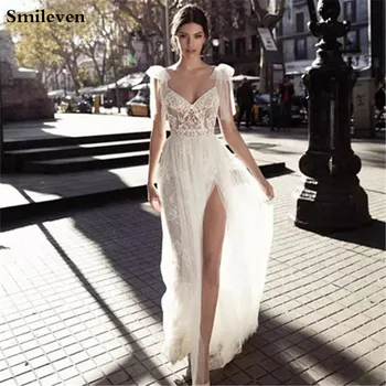

Smileven Sexy Lace Wedding Dresses 2020 A-line Spaghetti Straps Side Split Beach Bride Dresses vestido de Noiva