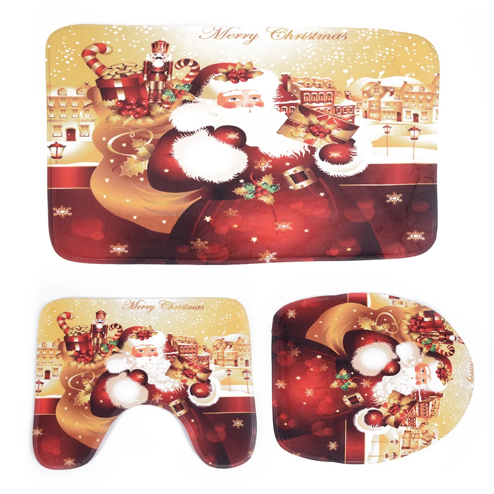 

3pcs/4pcs Christmas Non-slip Toilet Seat Covers Mat Set Bathroom Shower Curtain Carpet Toilet Cover Pad Navidad Natal