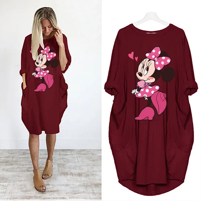 Disney Plus Size Midi Dress Long Sleeve Robe Casual Minnie Mickey Mouse Print Beach Loose Dresses Kawaii Sundress Women Clothing D002H1688 Red