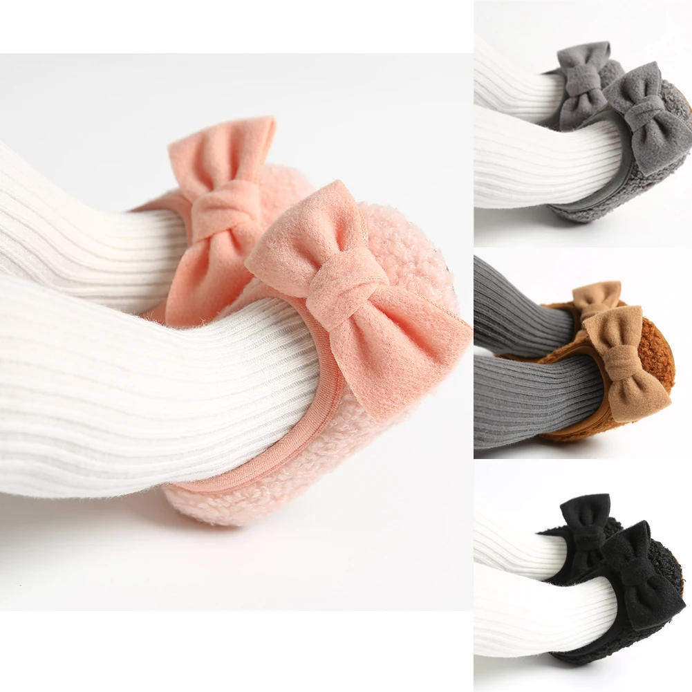 Обувь для новорожденных девочек 0-18 месяцев; теплая плюшевая обувь с бантом для маленьких девочек; обувь для первых шагов; симпатичная обувь с принцессой; сезон осень-зима