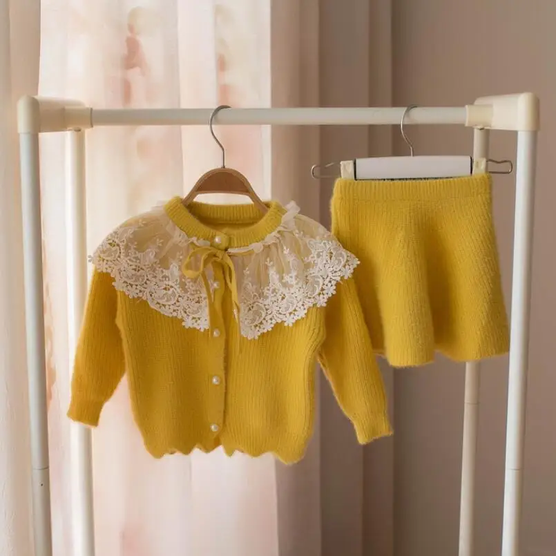 Осенне-зимние комплекты одежды для маленьких девочек вязаный кружевной свитер кардиган+ юбка, комплект из 2 предметов комплект детской одежды, JW5001A - Цвет: yellow clothes set