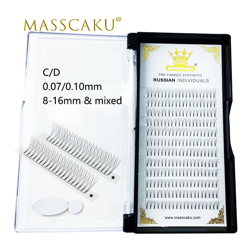 MASSCAKU sell 3D 4D premade volume fans eyelash extensions short stem lashes thin pointy base russian volume fans lash eyelashes 300fans russian volume lash extension 3d 4d 5d 6d short stem volume fans natural premade fans lashes small jar loose eyelashes