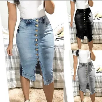 

Women Denim Jeans High Waist Skirt Pencil Bodycon Split Midi Dress Plus Size Fashionable Slim Show Thin