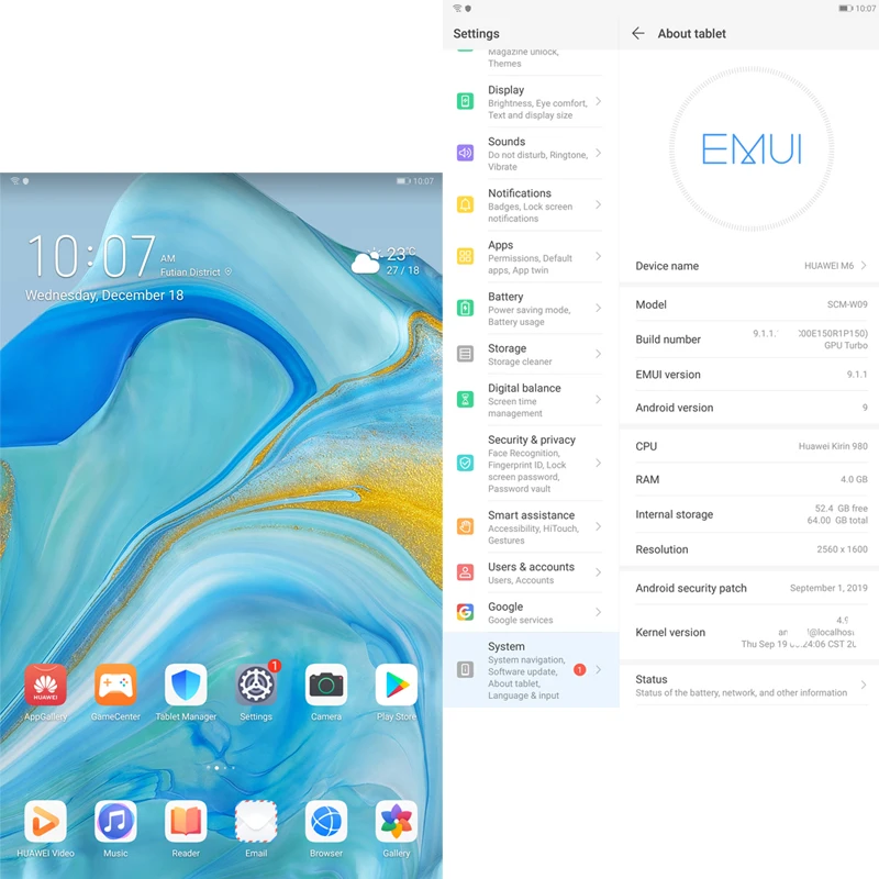 Huawei Mediapad M6 10 8 дюймов 4 Гб 64 wifi планшетный ПК Kirin980 Восьмиядерный 7500 мАч Google play type C