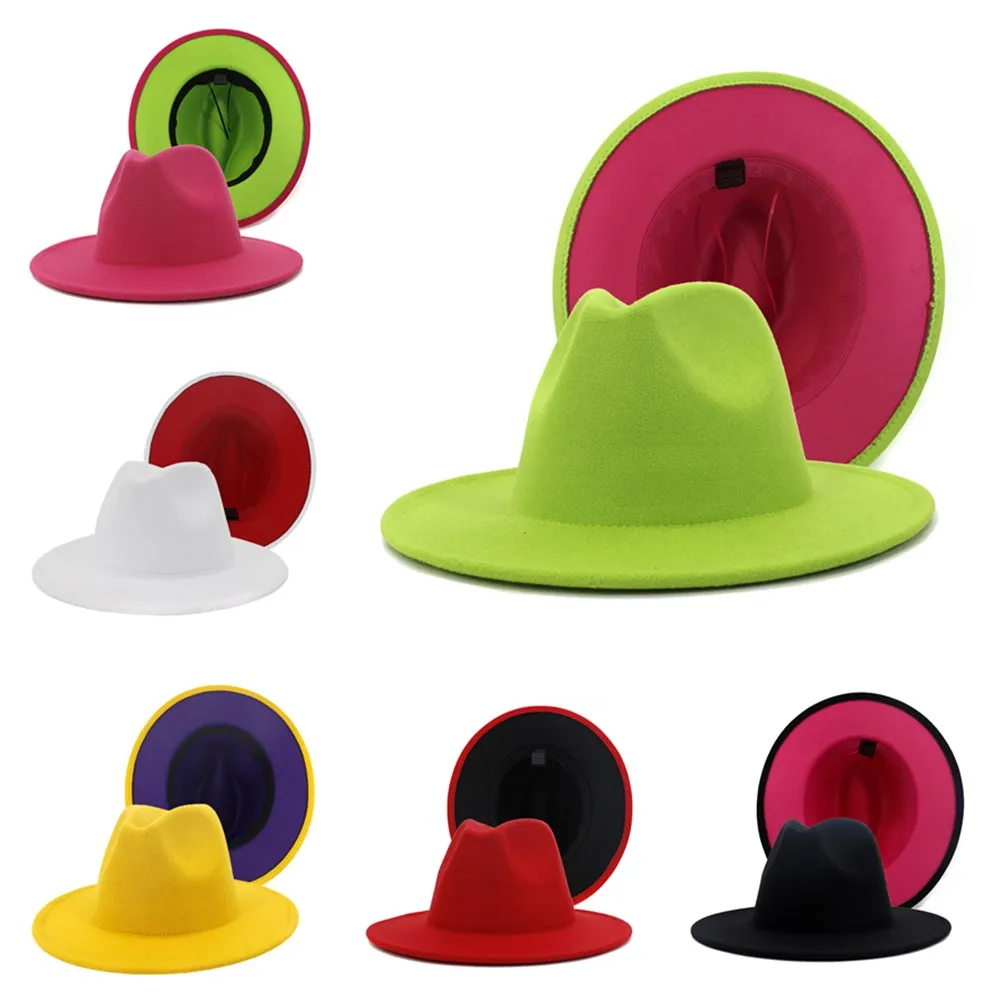 

Men Fedora hat women British style Winter and Autumn double-sided color matching jazz woolen hat new flat brim hat