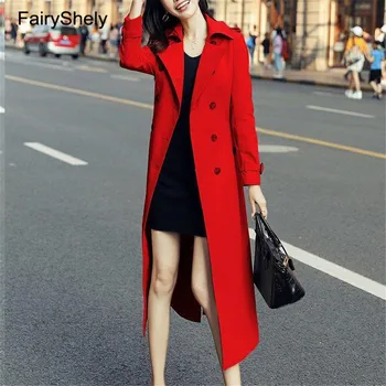 

Fairyshely 2020 New Office Lady Trench Outerwear Autumn Women Long Sleeved Belt coat Female Turn-down Collar Overcoat Large size