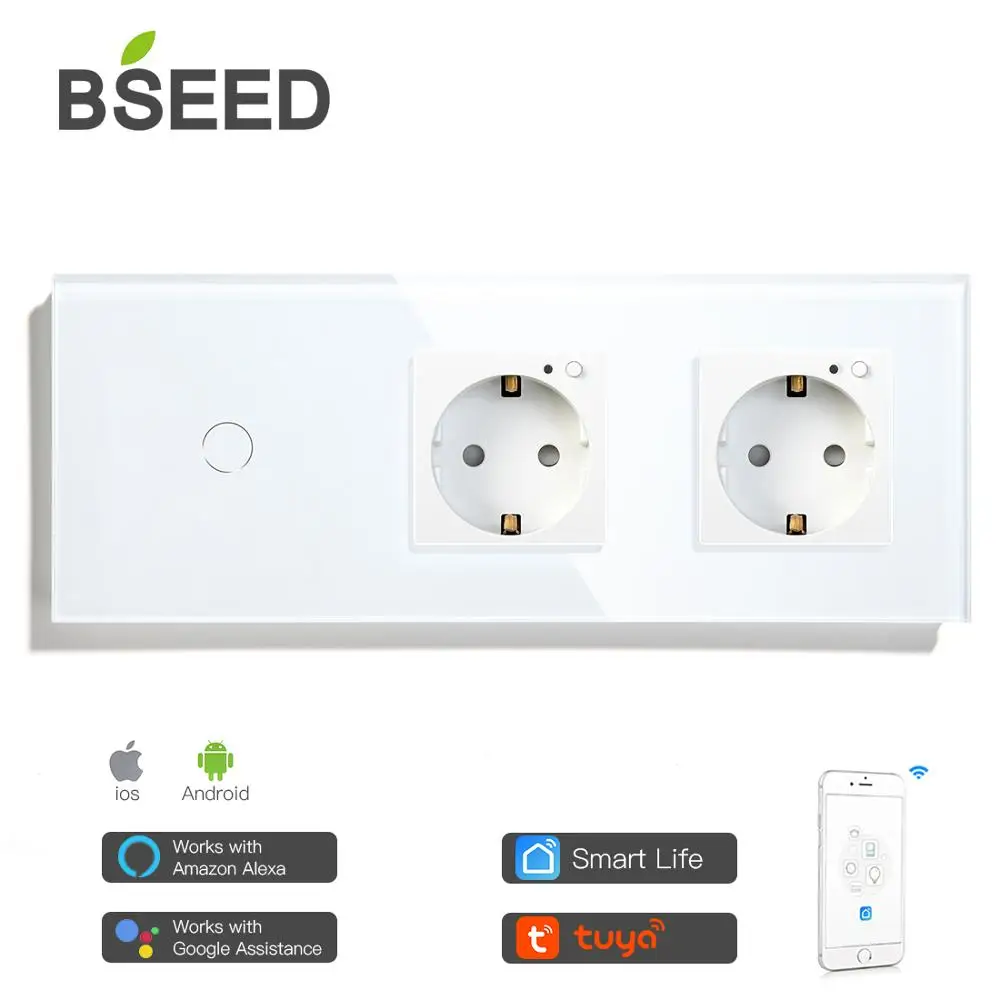 BSEED Double WiFi EU Sockets 1Gang 1Way Switch With White Black Gloden Crystal Glass Panel Control by Alexa Google tuya