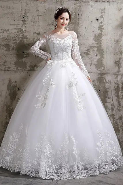 Flower Wedding Dress 2020 New Style Bride Plus Size Flower Wedding Dresses Dreamy Full-sleeve Bridal Lace Up Dresses Ball Gowns off-white