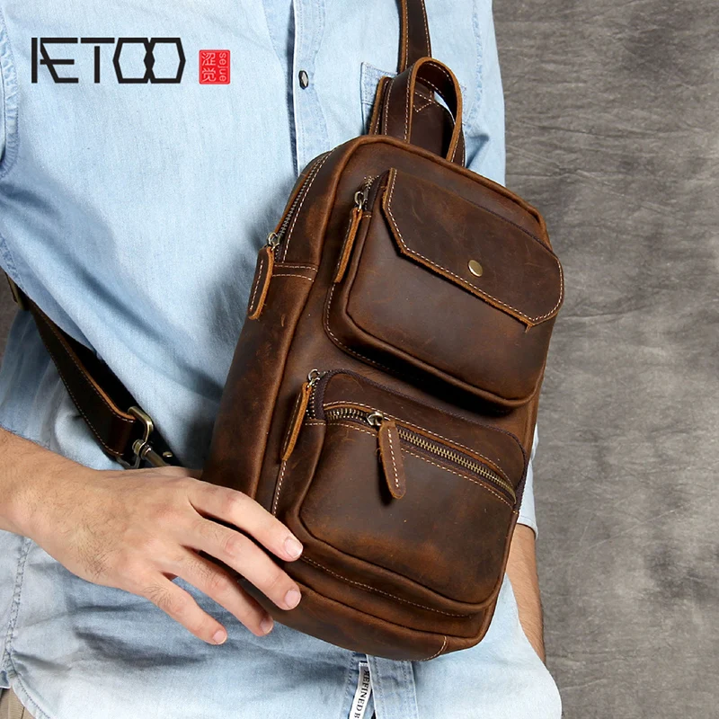 

BJYL Mad Horse Leather man Chest bag original leather retro head cowhide casual shoulder crossbody bag