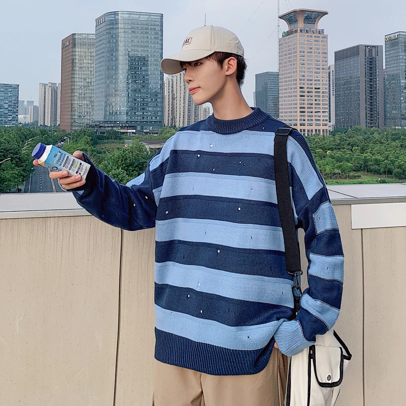 Autumn New Striped Sweater Men Fashion Contrast Color Casual Knit Sweter Man Streetwear Loose Hip Hop Hole Pullover Men Clothes