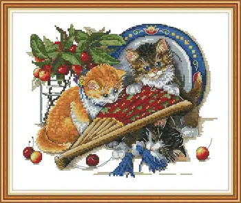 

High Quality Threads 11ct Printed on fabric 14ct Counted Chinese Cross Stitch Kits set Embroidery Needlework Cat and fan