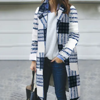 

Women Blue Plaid Coat Thickness Winter Warm Button Pocket Jackets Long Sleeve Long Wool Coat Shawl Windbreaker Пальто Женское 25