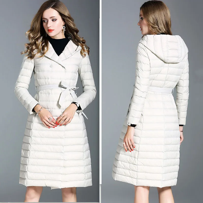 2019 осень и зима новая Корейская Женская длинная куртка с капюшоном ультра легкое белое пуховое пальто высокого качества модные тонкие