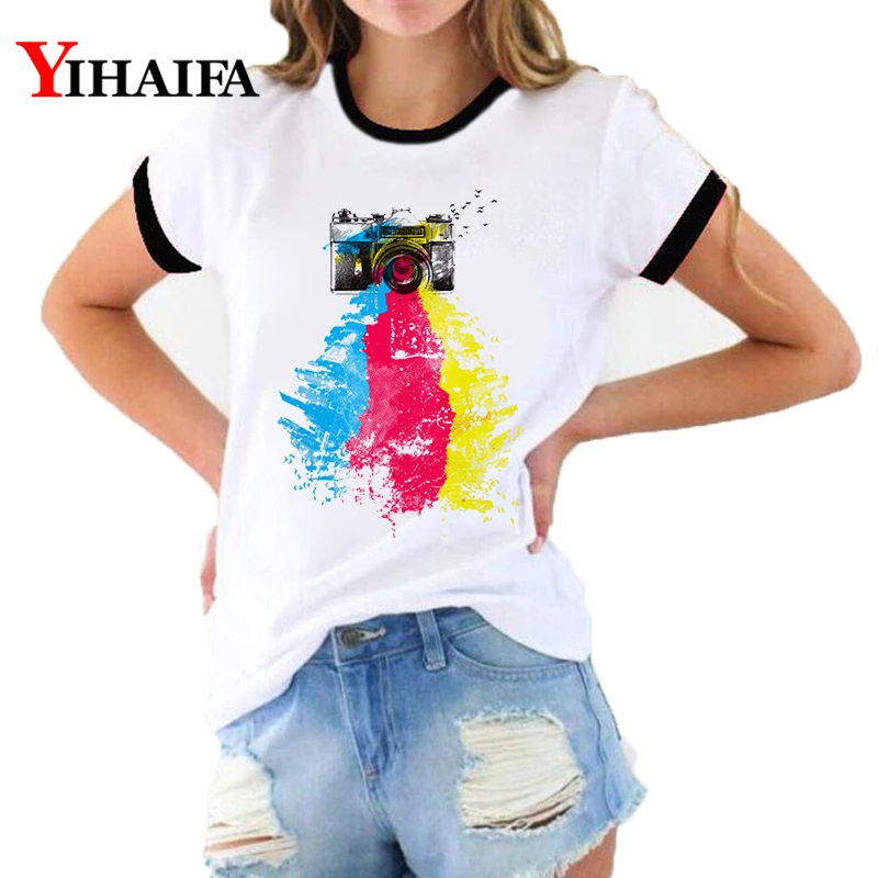 

3D T Shirts Women Colorful Painted Camera Graphic Tees Summer Short Sleeve Female White Casual Tops O-Neck Tee