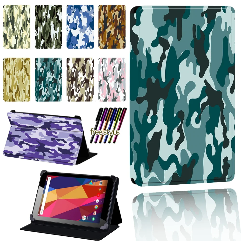 

Case for Argos Alba 7/8/10 Inch Leather Pu Adjustable Folding Dust-proof Camouflage Tablet Protective Cover + Stylus