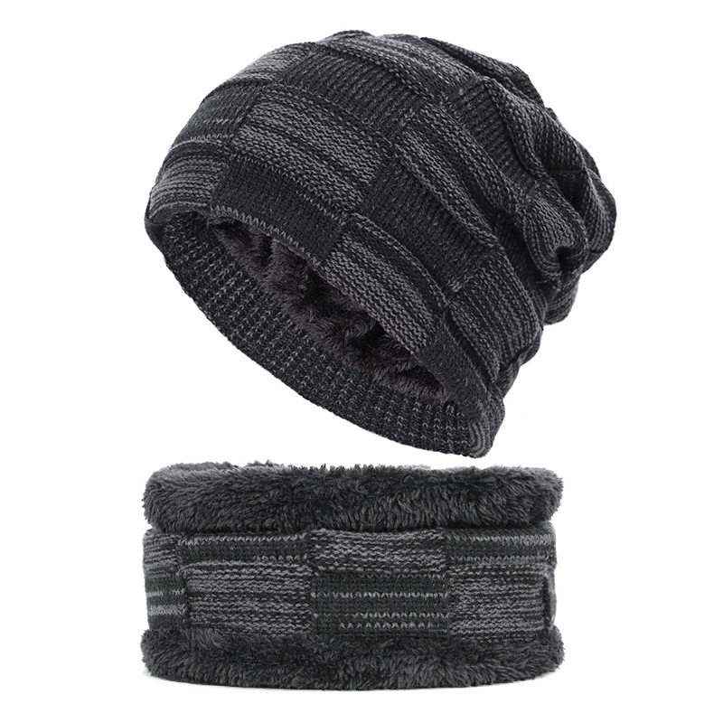 

New 2-Pieces Winter Beanie Hat Scarf Set Warm Knit Hat Thick Fleece Lined Winter Skull Cap Scarf For Men Women