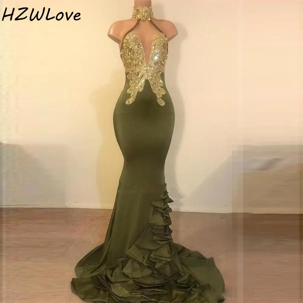 

Olive High Neck Backless Prom Dresses Sequined Appliques Tiered Mermaid Evening Dress Long Sexy Back robe de soiree