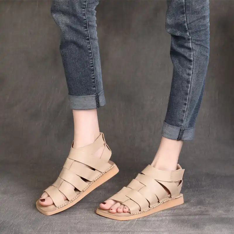 女性のレザーブーツサンダルフラットヒール21夏の靴魚の口レトロベージュ手作り本革の女性のサンダルソフト ローヒール Aliexpress