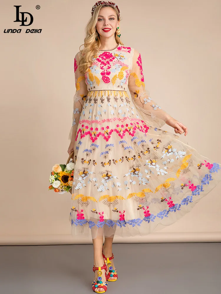 

LD LINDA DELLA Summer Designer Fashion Mesh Elegant Dresses Women's Long sleeve Embroidery Vintage Party Long Dress Vestdios