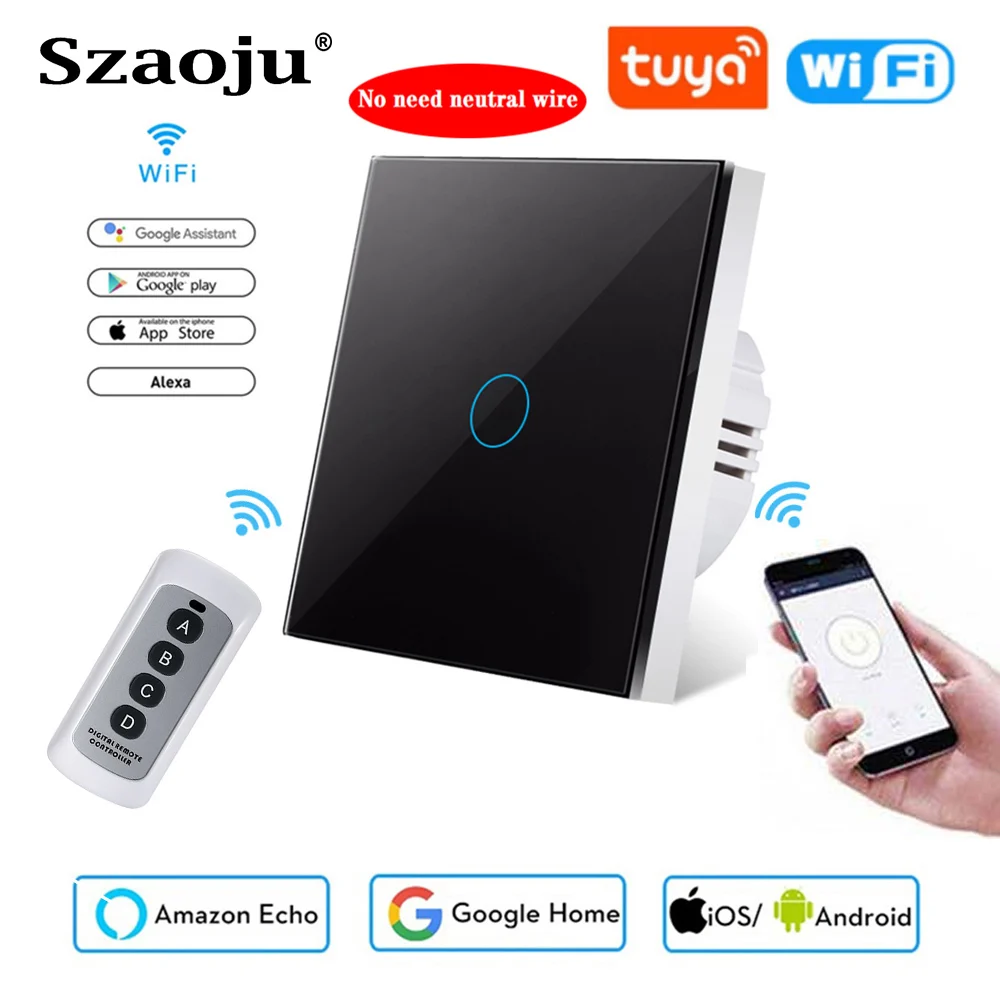 Szaoju Touch Switch EU Standard,White Crystal Glass Panel, Tuya Smart 433RF, Ac220v, 1 Set, 1 Way, Wall Light, No Need Neutral