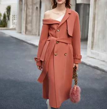 

Runway Fashion One Shoulder Wool Coat Vintage Elegant Winter Woolen Overcoat Long Jacket Women Double Breasted Slim Outerwear